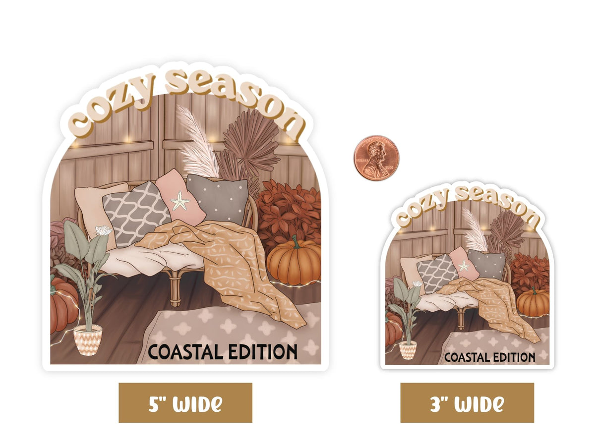 "Cozy Season" cute pumpkin sticker in 5-inch and 3-inch sizes with a penny for scale