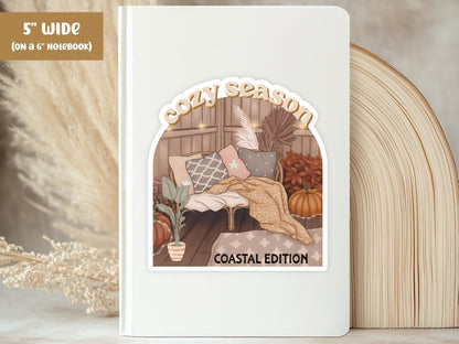 "Cozy Season" cute pumpkin sticker, 5-inch size, on the cover of a white 6-inch notebook