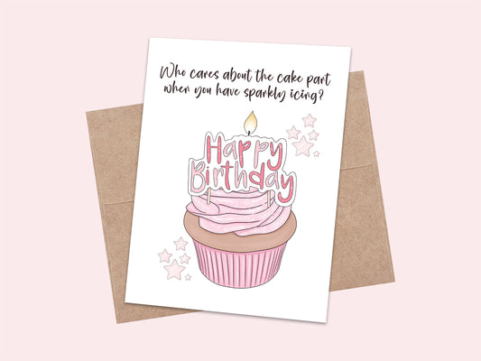 Cupcake birthday card with an illustrated pink sparkly frosted cupcake, happy birthday candle, and stars, reading who cares about the cake part when you have sparkly icing