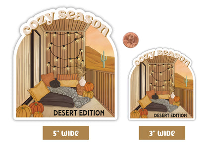 "Cozy Season" cute fall sticker in 5-inch and 3-inch sizes with a penny for scale