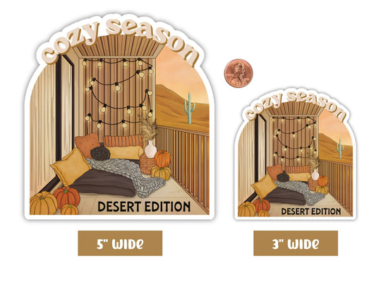 "Cozy Season" cute fall sticker in 5-inch and 3-inch sizes with a penny for scale