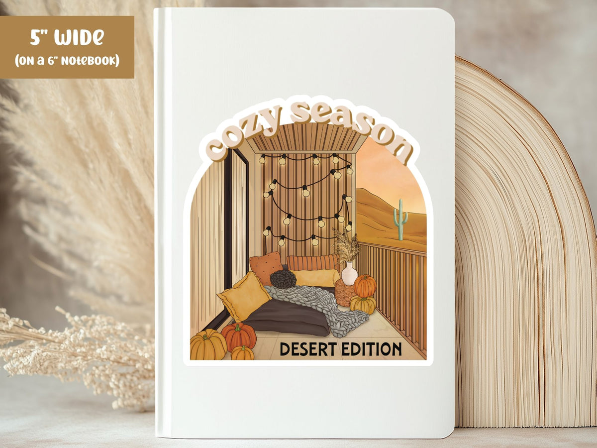 "Cozy Season" cute fall sticker, 5-inch size, on the cover of a white 6-inch notebook