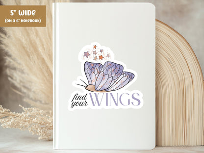 "Find Your Wings" butterfly sticker, 5-inch size, on the cover of a white 6-inch notebook