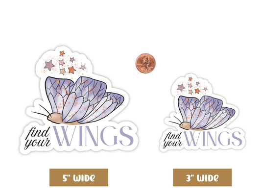 "Find Your Wings" butterfly sticker in 5-inch and 3-inch sizes with a penny for scale