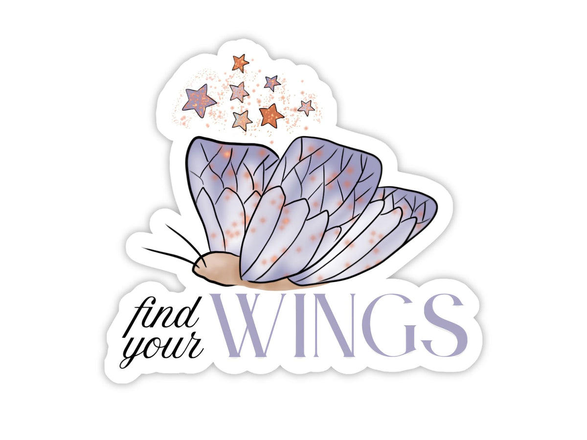 "Find Your Wings" butterfly sticker featuring a lavender butterfly flying toward a group of copper stars