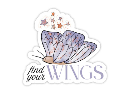 "Find Your Wings" butterfly sticker featuring a lavender butterfly flying toward a group of copper stars