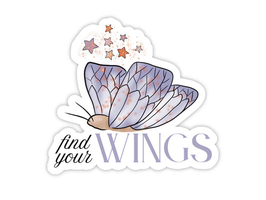 "Find Your Wings" butterfly sticker featuring a lavender butterfly flying toward a group of copper stars