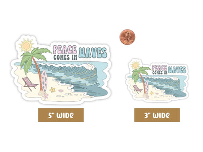 "Peace Comes in Waves" surfer sticker in 5-inch and 3-inch sizes with a penny for scale