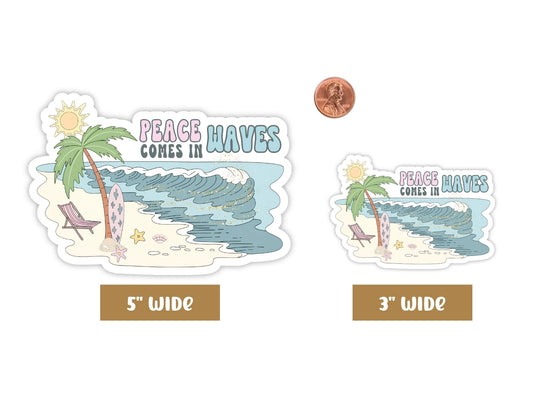 "Peace Comes in Waves" surfer sticker in 5-inch and 3-inch sizes with a penny for scale