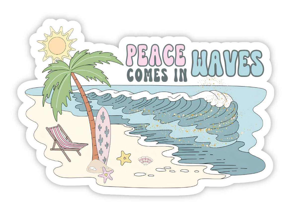 "Peace Comes in Waves" surfer sticker. Blue waves on a sandy beach with a striped beach chair, a surfboard painted with a cactus, a palm tree, starfish, and a seashell under a bright sun.