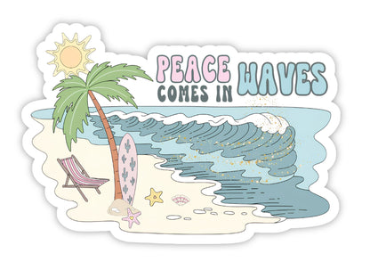 "Peace Comes in Waves" surfer sticker. Blue waves on a sandy beach with a striped beach chair, a surfboard painted with a cactus, a palm tree, starfish, and a seashell under a bright sun.