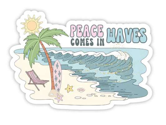 "Peace Comes in Waves" surfer sticker. Blue waves on a sandy beach with a striped beach chair, a surfboard painted with a cactus, a palm tree, starfish, and a seashell under a bright sun.
