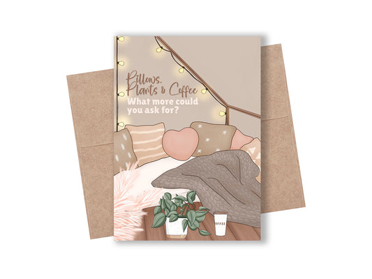 Pillows, Plants & Coffee Cozy Card